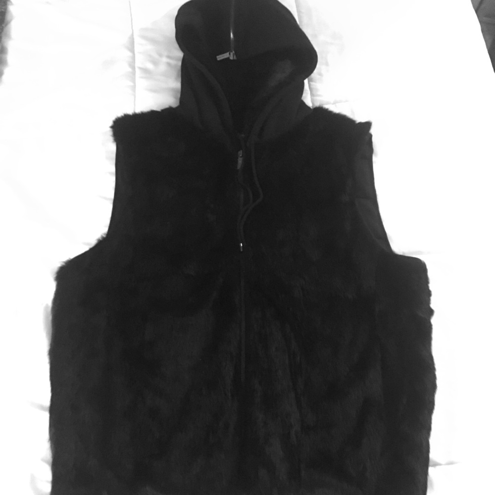 Michael Kors Black Rabbit Fur Hooded/Zipper Vest
